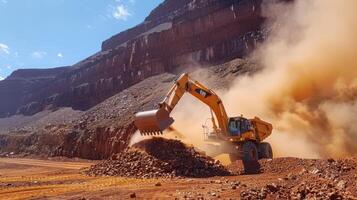 A large excavator operates in a rocky quarry, lifting and relocating debris amidst clouds of dust kicked up by its movement under the bright sun. photo