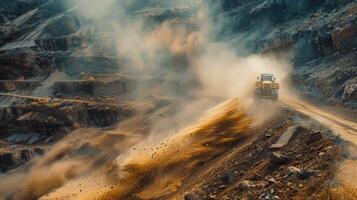 Dust rises as a large truck navigates a rugged quarry during sunset, highlighting the busy extraction process in the mining industry with vivid colors and textures. photo
