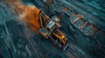 A large excavator operates in an open pit mine while extracting minerals as dust and debris are kicked up against a dusk backdrop, highlighting industrial activity and rugged terrain. photo