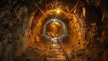 In a dark underground mine tunnel, worn tracks lead through a rough, rocky passage illuminated by warm glowing lights, creating an atmosphere of exploration and discovery. photo