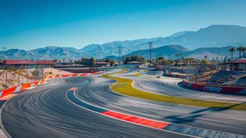 A race track curves gracefully through a desert landscape, marked by tire marks on the asphalt, and framed by majestic mountains under a clear blue sky during daytime. photo