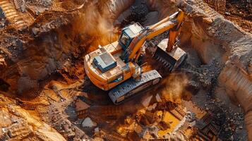 A powerful excavator works diligently in a construction site, moving earth and debris. Dust clouds rise, highlighting the active quarry environment under clear blue skies. photo