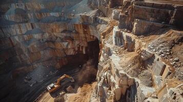 Heavy machinery is actively digging in a quarry, revealing layers of rock and soil while producing dust and debris in bright daylight. The impressive scale illustrates mining operations. photo