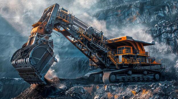 A large excavator is performing coal extraction in a rugged mining environment. Dust and debris are visible as the machine lifts coal from the ground. photo