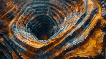 A large mining pit reveals deep layers of soil and rock. Intricate patterns swirl with contrasting orange and gray colors, illuminated by the warm light of sunset. photo