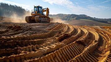 A bulldozer skillfully shapes the terrain, leaving behind distinct patterns in the soil as it prepares land for agricultural use against a backdrop of hilly countryside. photo