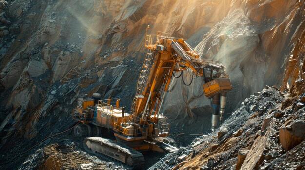 A large excavator is actively digging and transporting minerals in a rocky quarry. Golden sunlight filters through the landscape, creating a dramatic effect on the scene. photo