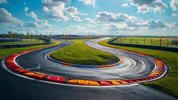 A winding racetrack extends through a lush green landscape, showcasing colorful curbing as vehicles prepare for high speed racing on a sunny day in a motorsport complex. photo