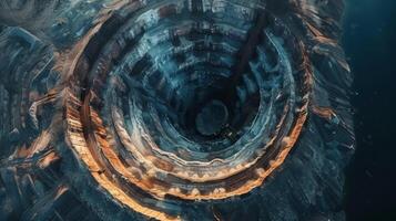 Aerial view of a deep open pit mine reveals complex layers of rock and soil shaped by excavation, surrounded by a deep blue water body reflecting sunlight. photo
