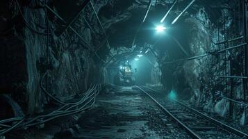 An underground mining tunnel displays harsh textures of rock and earth, where artificial lights illuminate machinery and tracks. The setting evokes a sense of depth and isolation. photo