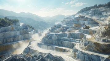 A marble quarry is visible with heavy machinery working on the slopes, surrounded by steep, rocky mountains. Sunlight illuminates the layers of stone creating a dramatic effect. photo