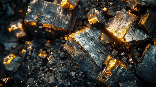 Glittering mineral formations emerge from a dark background, with striking golden highlights reflecting light. The intricate textures create a captivating visual contrast in this natural setting. photo