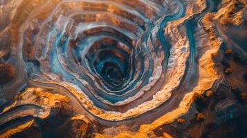 An aerial view of a large open pit mine shows intricate patterns from mining against a natural landscape at sunset, emphasizing the contrast between human activity and nature. photo