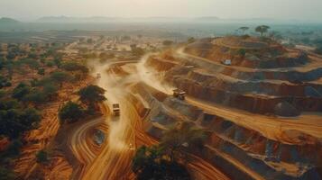 Heavy construction trucks navigate a rugged mining site surrounded by hills and greenery, creating dust clouds in the warm light of early evening. photo