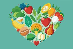 Colorful Heart-Shaped Illustration of Various Fruits and Vegetables for Healthy Living vector
