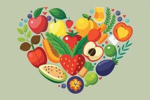 Heart-Shaped Illustration of Various Fruits and Vegetables for Healthy Living vector