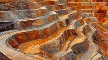 An expansive open pit mine reveals intricate layers of colors formed by mineral deposits. photo
