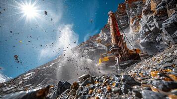 A large drilling machine is actively working in a quarry, breaking rocks and sending dust and debris flying into the air, surrounded by steep rocky cliffs under a clear blue sky. photo