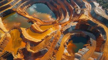 Aerial view reveals the complex structure of an open pit mining operation with deep, colorful pits and pools of water reflecting various hues, illustrating the extraction process. photo