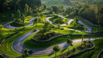 Cars navigate the twisting road surrounded by vibrant greenery, emphasizing the excitement of racing in a beautiful natural setting at sunset. photo