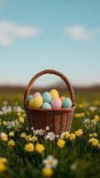 A cheerful Easter background featuring a pastel colored meadow with a wicker basket filled with colorful eggs surrounded by blooming flowers under a sunny sky photo