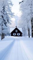 A snowy European forest path with arching tree branches dusted in white leading to a quaint wooden cottage with smoke curling from the chimney photo