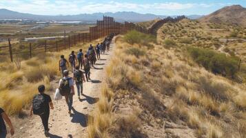 People traverse a dusty trail in a dry area near a border fence, showing determination in their journey under a bright sky with rocky mountains in the distance. photo