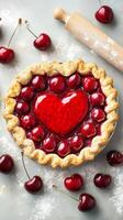 A rustic National Pie Day background showcasing a cherry pie with a heart shaped crust surrounded by fresh cherries and flour dusted rolling pins photo