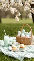 A pastel themed Easter picnic setup with a blanket a basket of eggs cupcakes and fresh lemonade under the shade of a blooming tree photo