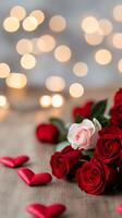 Valentines Day background featuring glowing string lights red and pink hearts and a bouquet of roses resting on a wooden table photo