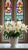 An elegant Easter background with a church altar decorated with lilies candles and colorful stained glass windows casting vibrant patterns photo