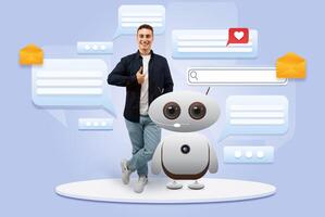 A guy interacts and smiles with a friendly AI assistant in a sleek, digital interface showcasing messages and notifications. The atmosphere is vibrant and tech-focused. photo