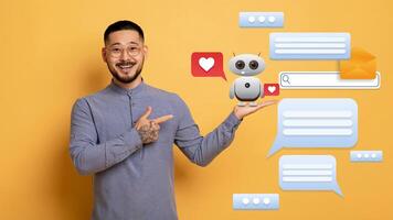 A man enthusiastically points to a small robot while surrounded by chat bubbles and digital icons. photo