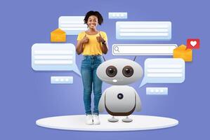 A young woman enthusiastically interacts with a friendly robot to demonstrate how artificial intelligence can assist in daily tasks. photo