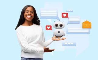 A young woman smiles while holding a friendly robot in her hand. The background features speech bubbles with heart icons, representing engaging communication with artificial intelligence support. photo