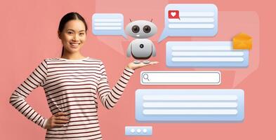 A woman stands confidently, holding a small AI robot on her palm. Surrounding her are various digital chat bubbles and icons, symbolizing virtual assistance and modern technology in action. photo