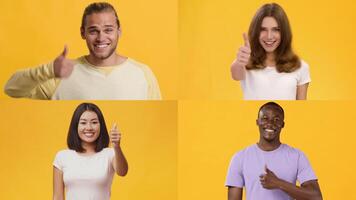 A diverse group of four people gives thumbs-up signs, expressing positivity and joy. They stand in front of a vibrant yellow background, radiating confidence and happiness. photo