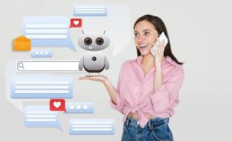 Lady is speaking on the phone while interacting with a virtual assistant displayed on her palm. The assistant features message bubbles and icons, emphasizing the role of AI in communication. photo