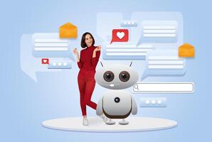A woman in a red outfit stands next to a friendly robot, celebrating advancements in artificial intelligence. Colorful chat bubbles and icons float around them, symbolizing modern communication. photo