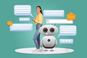 A woman stands next to a friendly robot, engaging with artificial intelligence applications. Display bubbles illustrate communication, showcasing how technology assists in daily tasks. photo