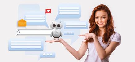 A woman interacts with a friendly AI assistant, highlighting the integration of modern technology in daily life. Various chat bubbles and icons illustrate communication efforts. photo
