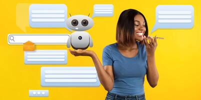 A woman engages with a digital assistant on a bright yellow background. The setting highlights the growing relationship between humans and artificial intelligence. photo