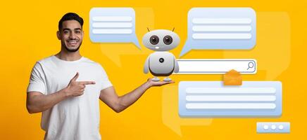 Man smiles while holding a small robot on his hand. Chat bubbles float around, representing communication with an AI assistant. This modern portrayal showcases the advancements in technology. photo