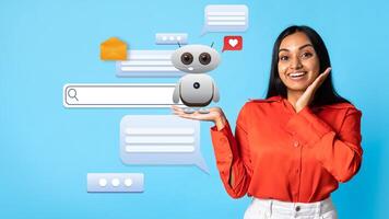 A woman in an orange blouse interacts with a friendly virtual assistant, surrounded by chat bubbles and messages. Modern technology illustrates the rise of AI in daily communication. photo