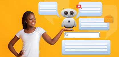 A woman interacts with a friendly AI assistant, showcasing modern technology's role in daily life. The bright backdrop enhances the atmosphere of innovation and virtual assistance. photo