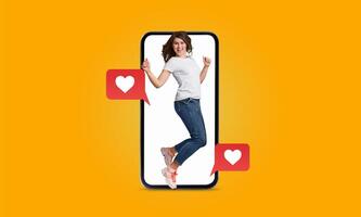 A person joyfully interacts with a smartphone featuring heart icons, symbolizing connection and affection in dating. This represents the impact of social media on relationships today. photo
