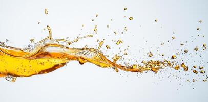 Golden honey creates energetic splashes as it flows through the air, forming unique patterns against a clean background. The liquids smooth texture contrasts beautifully with its vibrant color. photo