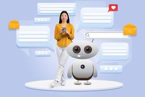 A woman stands next to a friendly robot, both interacting with modern messaging technology. photo