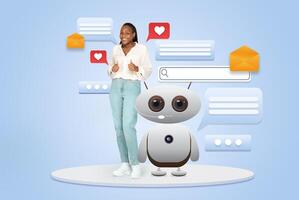 A woman smiles and gives a thumbs up next to a friendly robot in a digital environment. They engage in a playful exchange, highlighting advancements in artificial intelligence and communication tools. photo