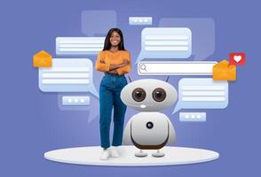 African American woman stands next to a friendly AI robot, showcasing how technology enhances communication. The colorful background features chat bubbles and symbols photo